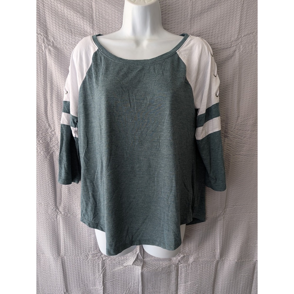 SO Sporty Tee Womens Large Teal White Raglan Lace Up Shoulder 3/4 Sleeve Top